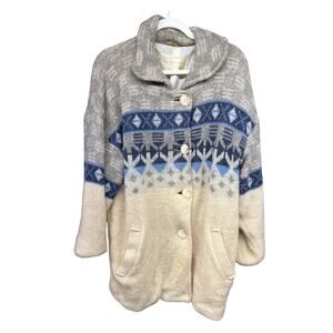Alafoss Icewool Fair Isle Iceland Scandinavian Cream Blue Cardigan Coat Winter